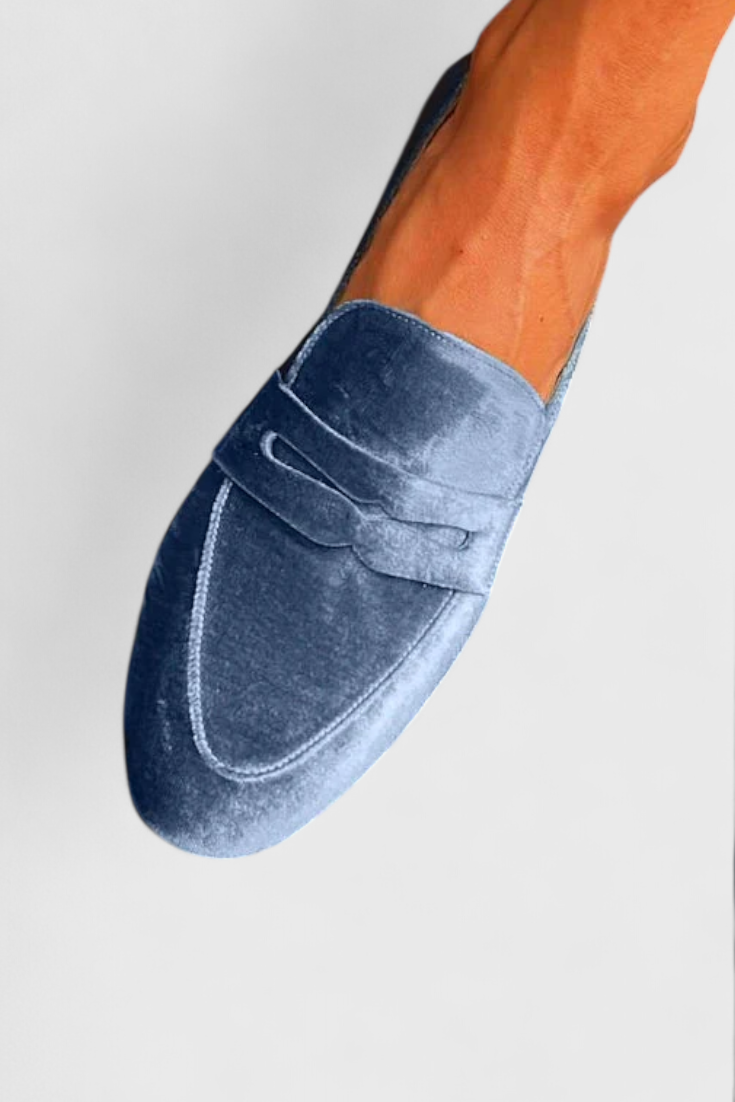 Lina™ | Mocassins van Blauw Fluweel met Patchworkdetails en Ronde Neus