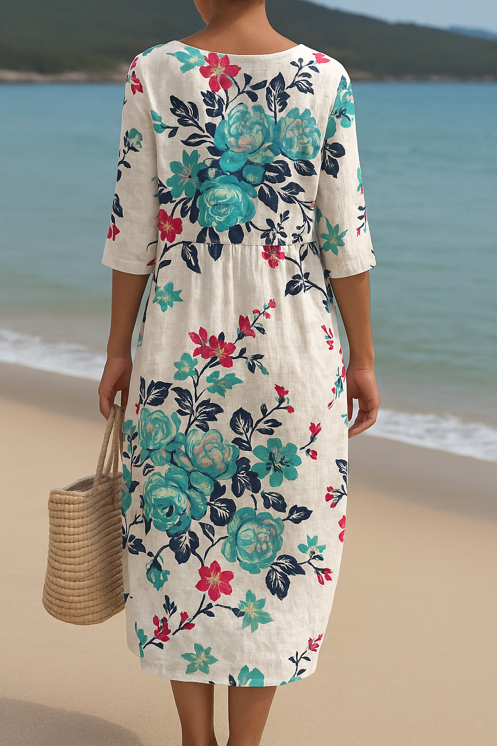 Maud™ | Lange witte jurk met turquoise bloemen