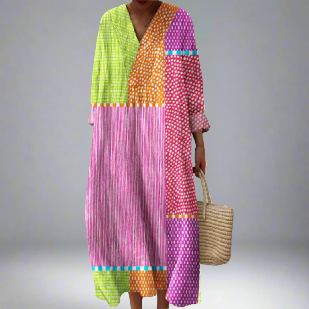 Zélie™ | Multicolore patchwork jurk met stippen en strepen
