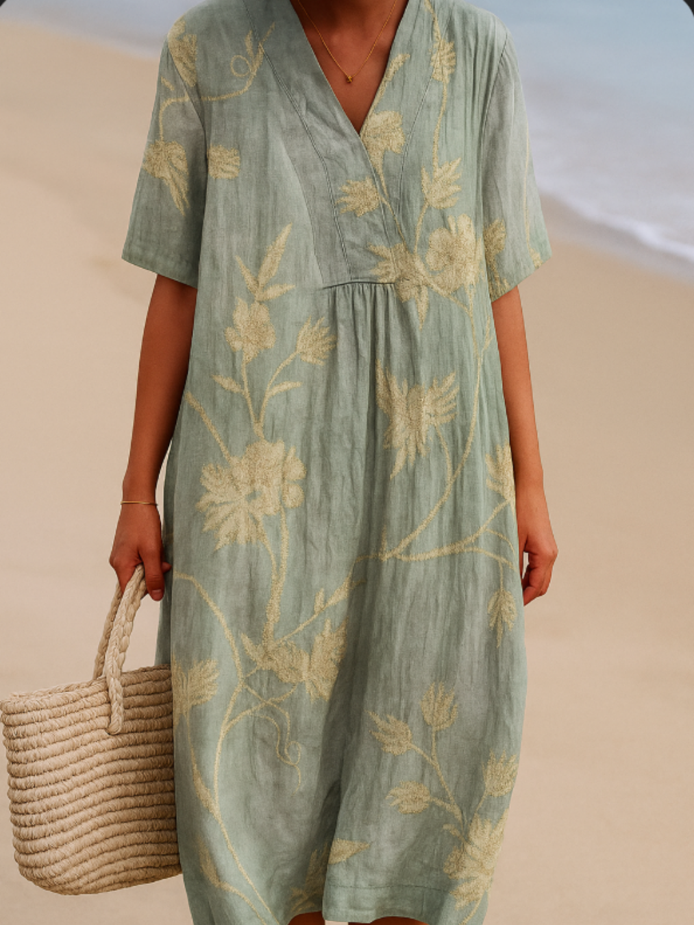 Olivia™ | Blauw-grijze jurk met bloemenborduursels