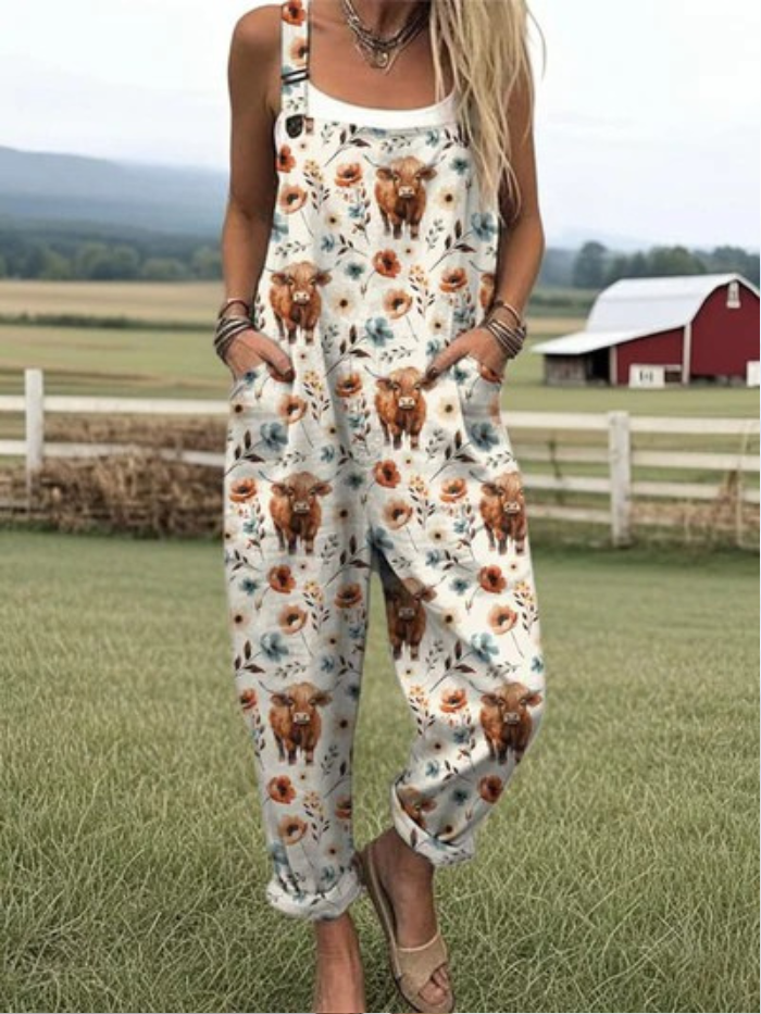 Olivia™ | Bloemenoverall met Koeienprint