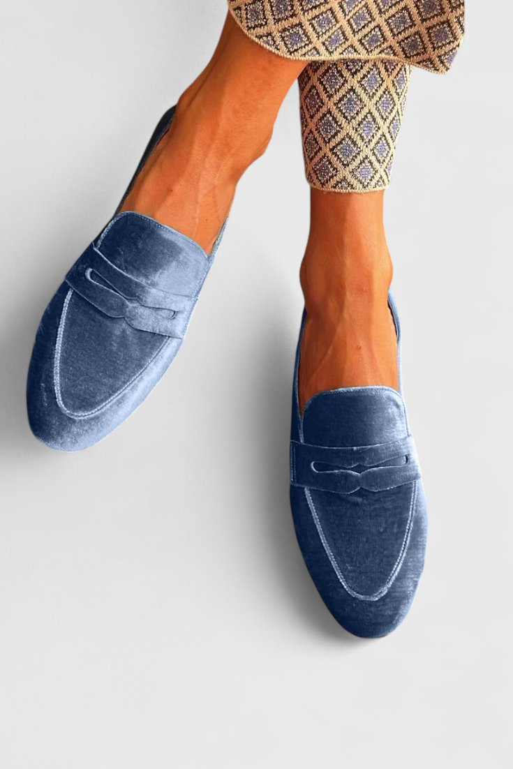 Lina™ | Mocassins van Blauw Fluweel met Patchworkdetails en Ronde Neus