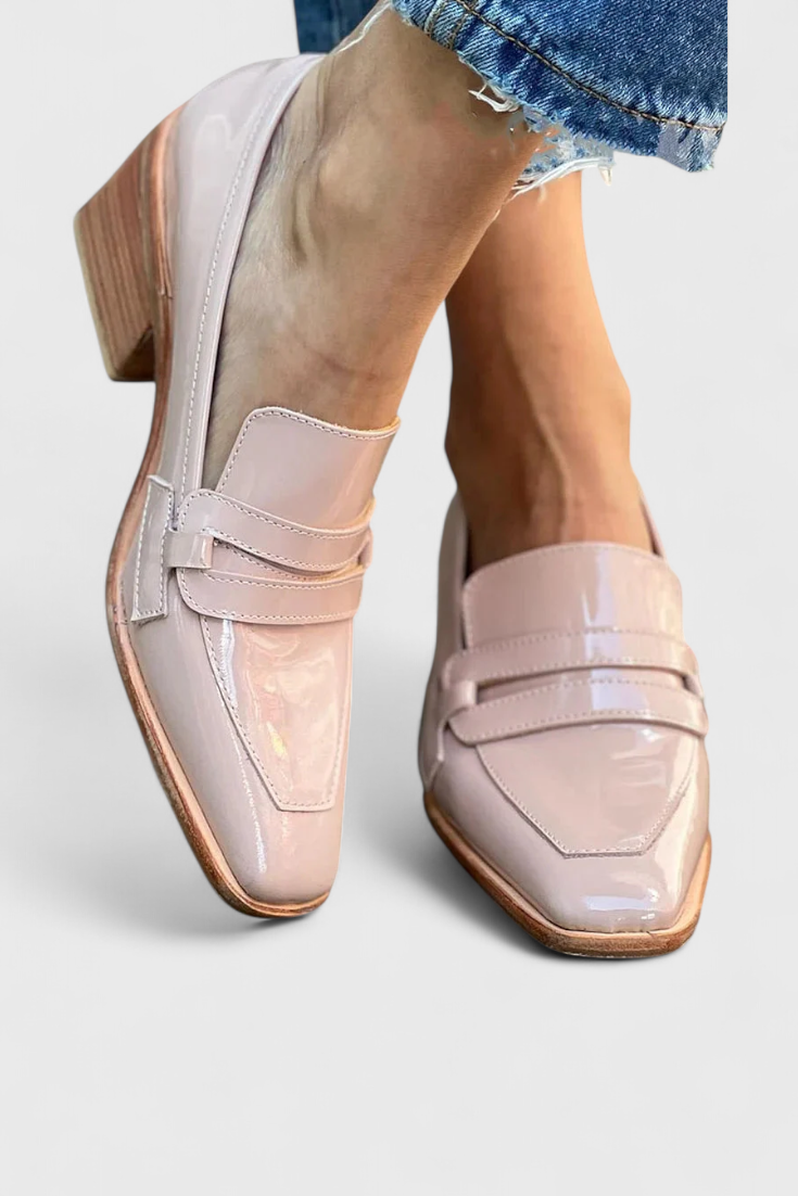 Sterre™ | Roze Gelakte Mocassins met Vierkante Neus en Hoge Hak