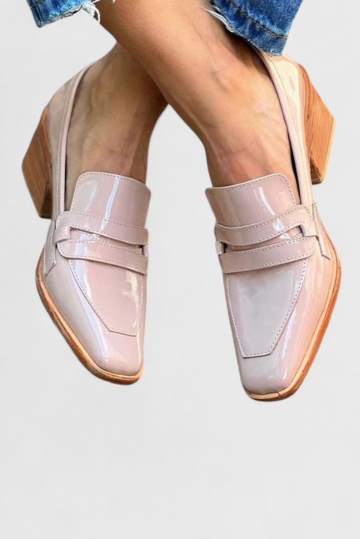 Sterre™ | Roze Gelakte Mocassins met Vierkante Neus en Hoge Hak